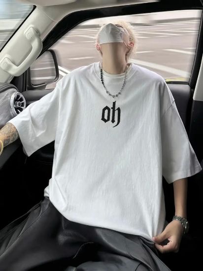 Baskılı Oversize Bisiklet Yaka T-shirt - Beyaz resmi
